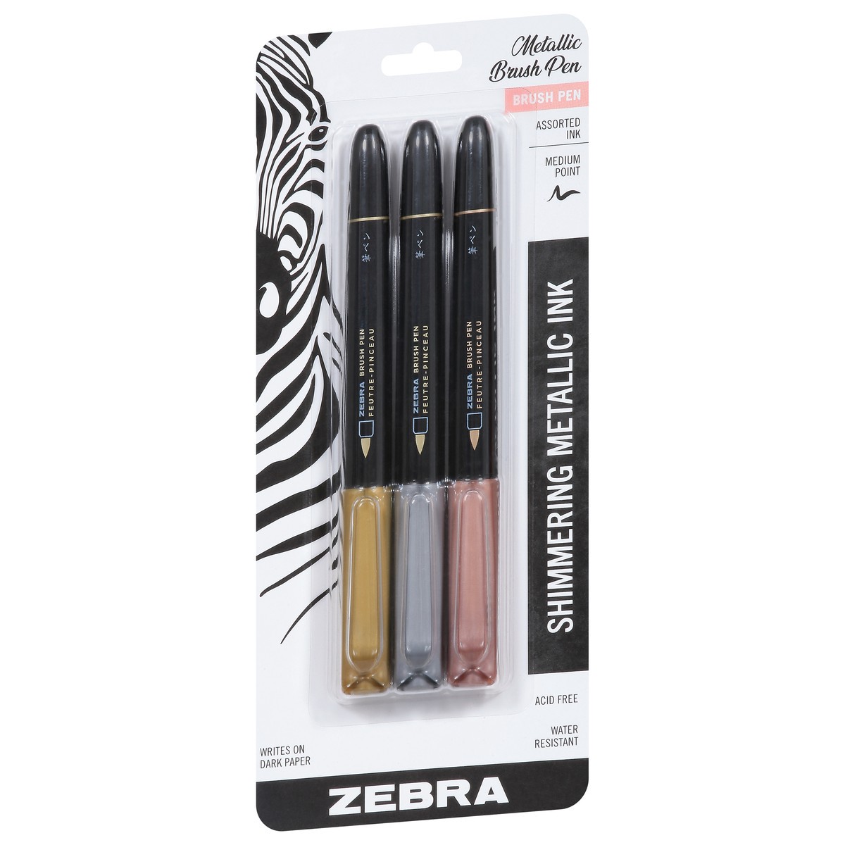 slide 5 of 9, Zebra Medium Point Shimmering Metallic Ink Brush Pen 3 ea, 3 ct