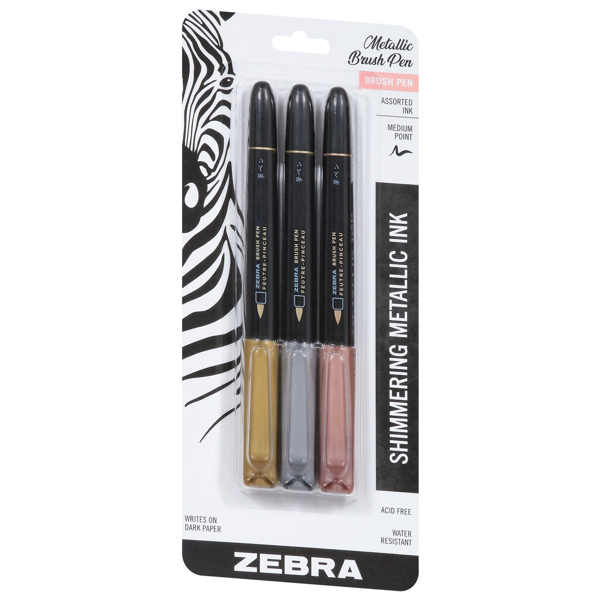 slide 4 of 9, Zebra Medium Point Shimmering Metallic Ink Brush Pen 3 ea, 3 ct