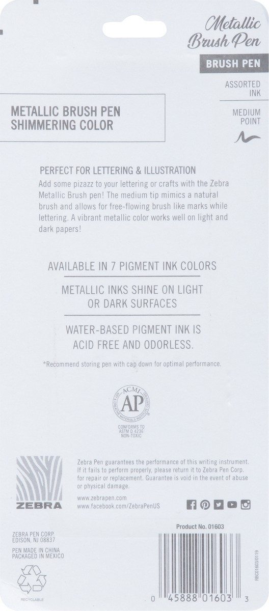 slide 6 of 9, Zebra Medium Point Shimmering Metallic Ink Brush Pen 3 ea, 3 ct