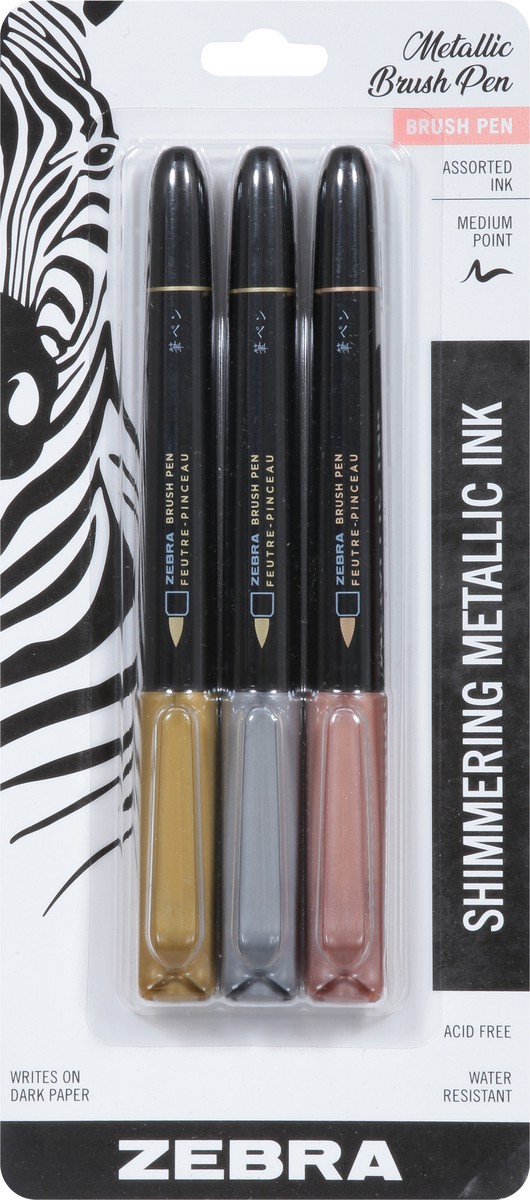 slide 9 of 9, Zebra Medium Point Shimmering Metallic Ink Brush Pen 3 ea, 3 ct