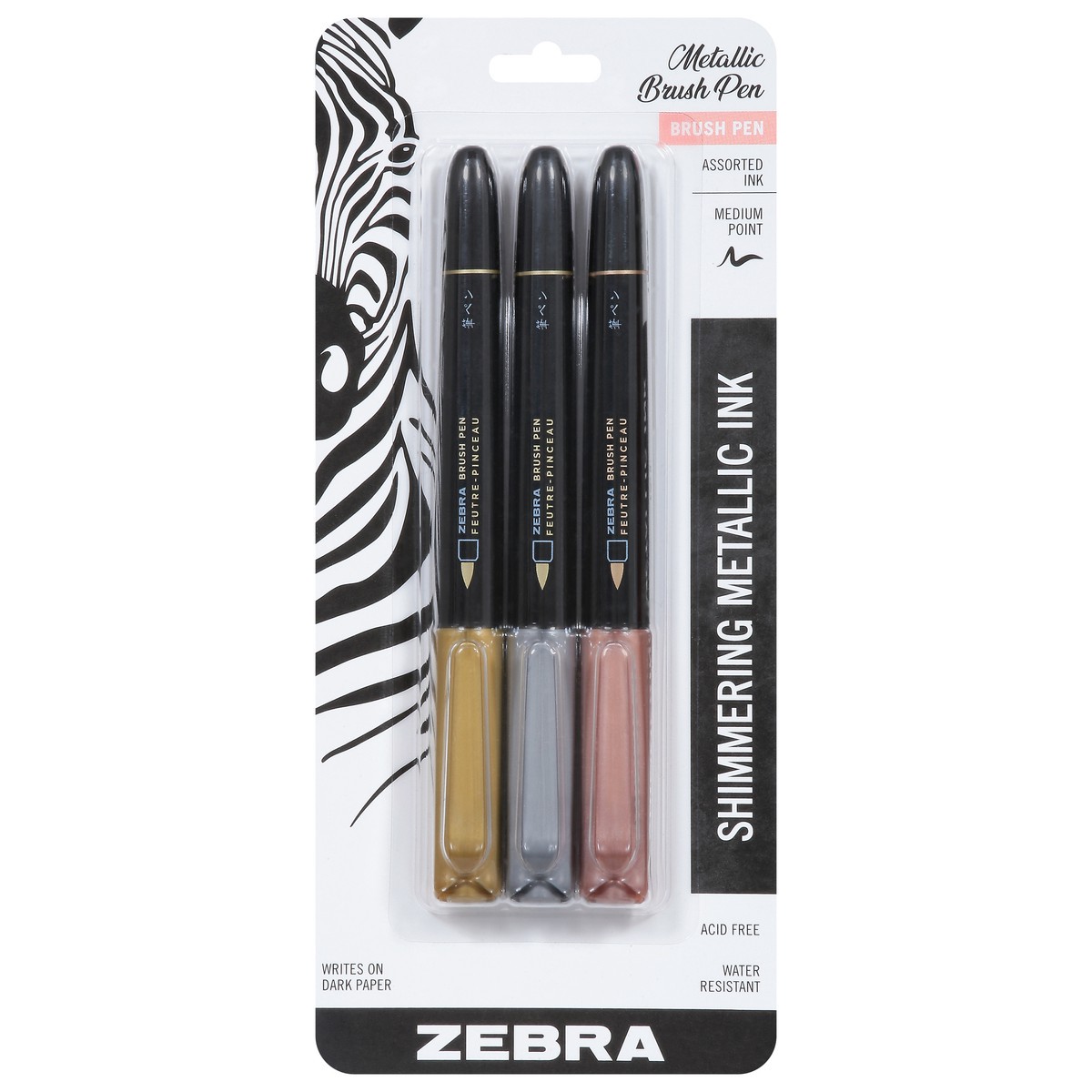 slide 1 of 9, Zebra Medium Point Shimmering Metallic Ink Brush Pen 3 ea, 3 ct
