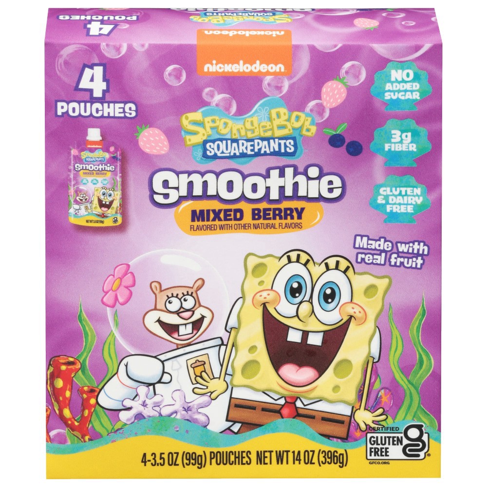 slide 1 of 3, SpongeBob SquarePants Mixed Berry Kids Smoothie Pouches, 4 ct; 3.2 oz