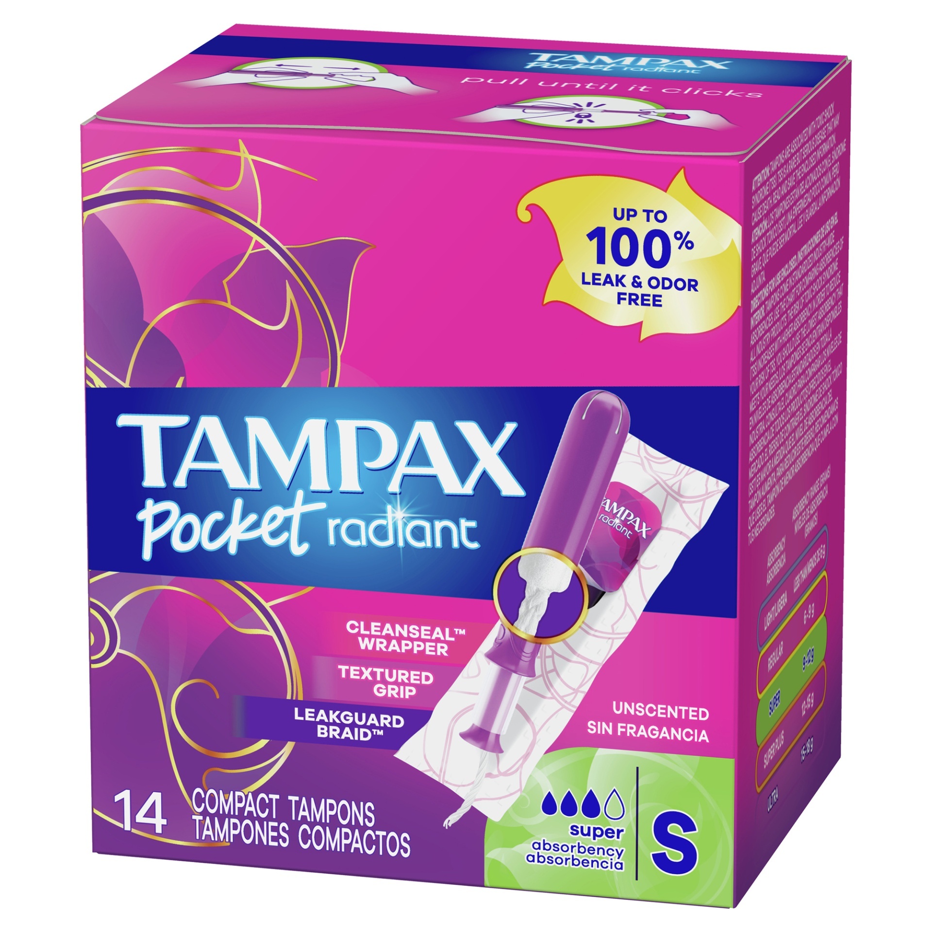slide 1 of 1, Tampax Pocket Radiant Compact Plastic Tampons, With LeakGuard Braid, Super Absorbency, Unscented, 14 Count, 14 ct