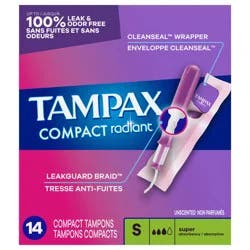 Tampax Pocket Radiant Compact Plastic Tampons, With LeakGuard Braid, Super Absorbency, Unscented, 14 Count