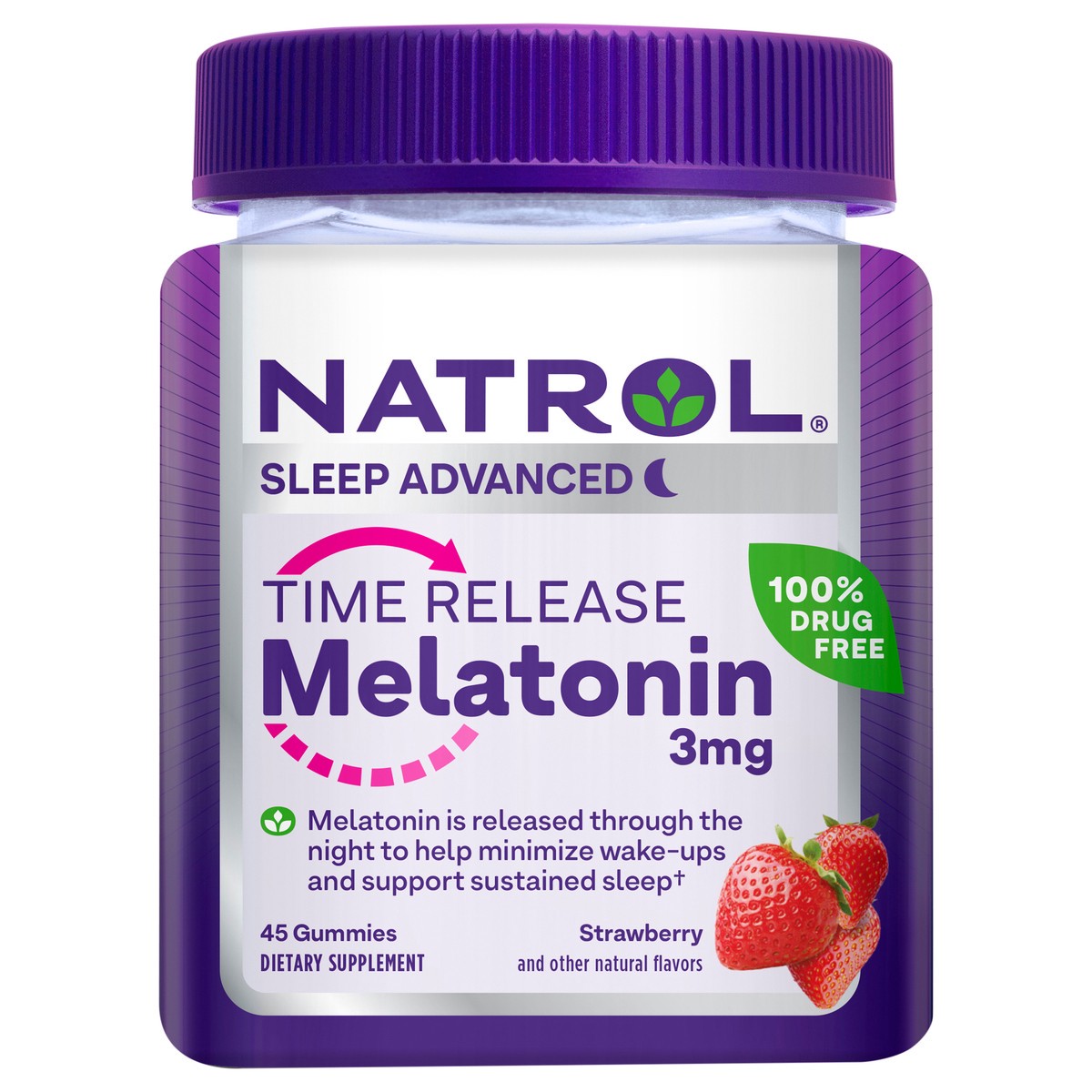 slide 6 of 7, Natrol Time Release Melatonin Gummies, Sleep Support for Adults, 3 mg Melatonin Supplements for Sleep Support, 45 Strawberry-Flavored Gummies, Up to a 45 Day Supply, 45 ct