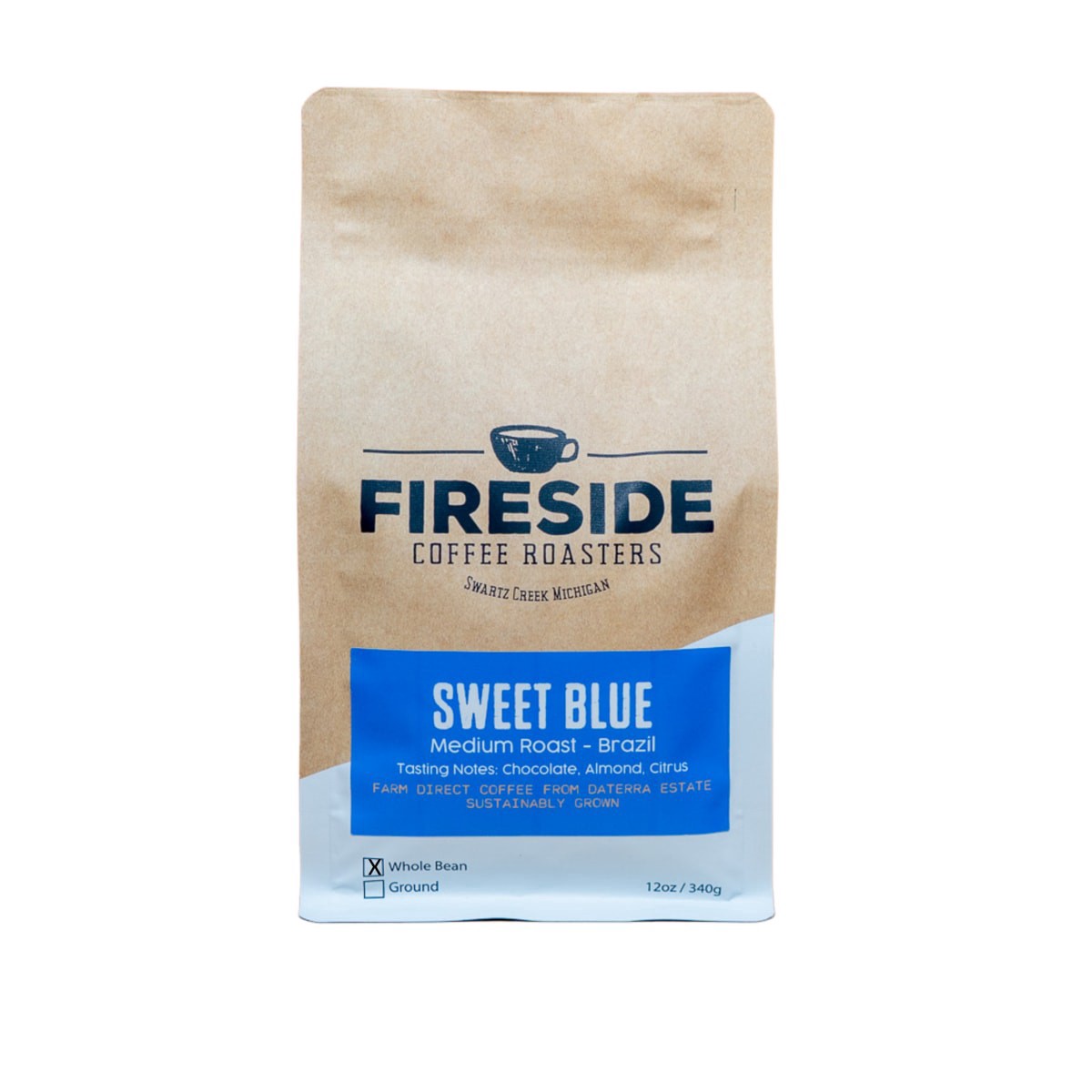 slide 1 of 5, Fireside Coffee Sweet Blue Brazil Med. Roast Whole Bean - 12 oz, 12 oz