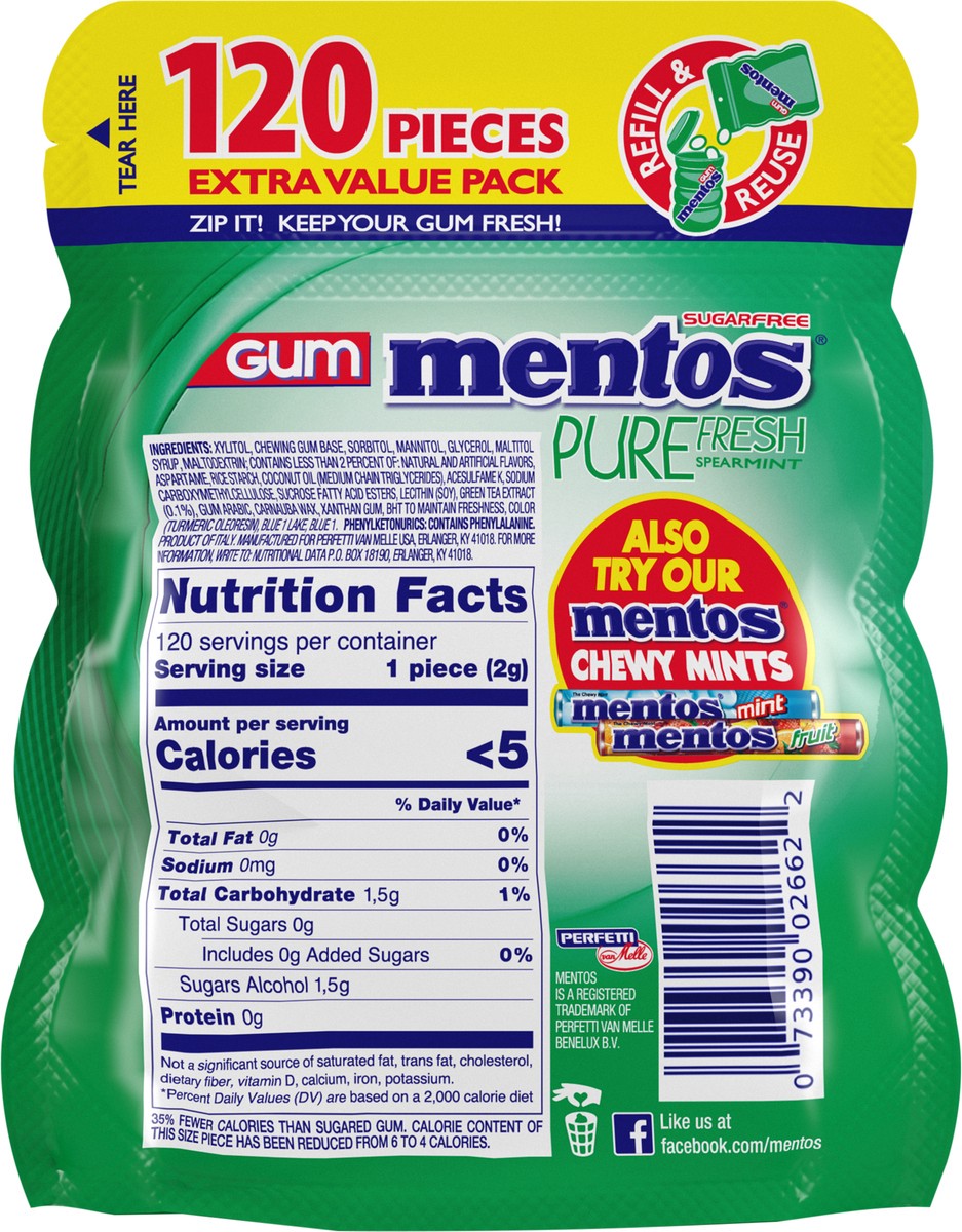 slide 4 of 8, Mentos Pure Fresh Sugar-Free Chewing Gum, Spearmint - 120 Piece Bulk Resealable Bag, 120 ct