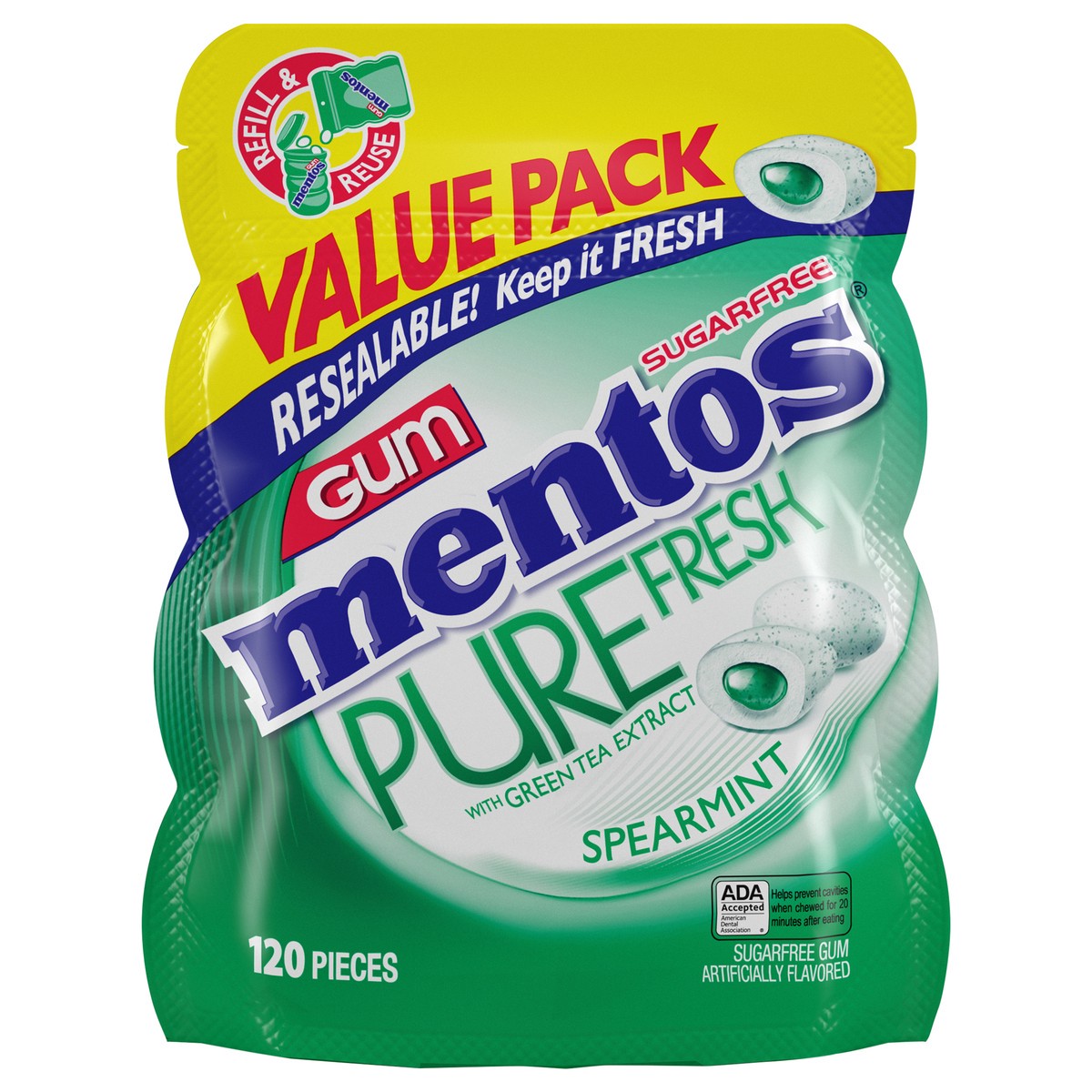 slide 1 of 8, Mentos Pure Fresh Sugar-Free Chewing Gum, Spearmint - 120 Piece Bulk Resealable Bag, 120 ct