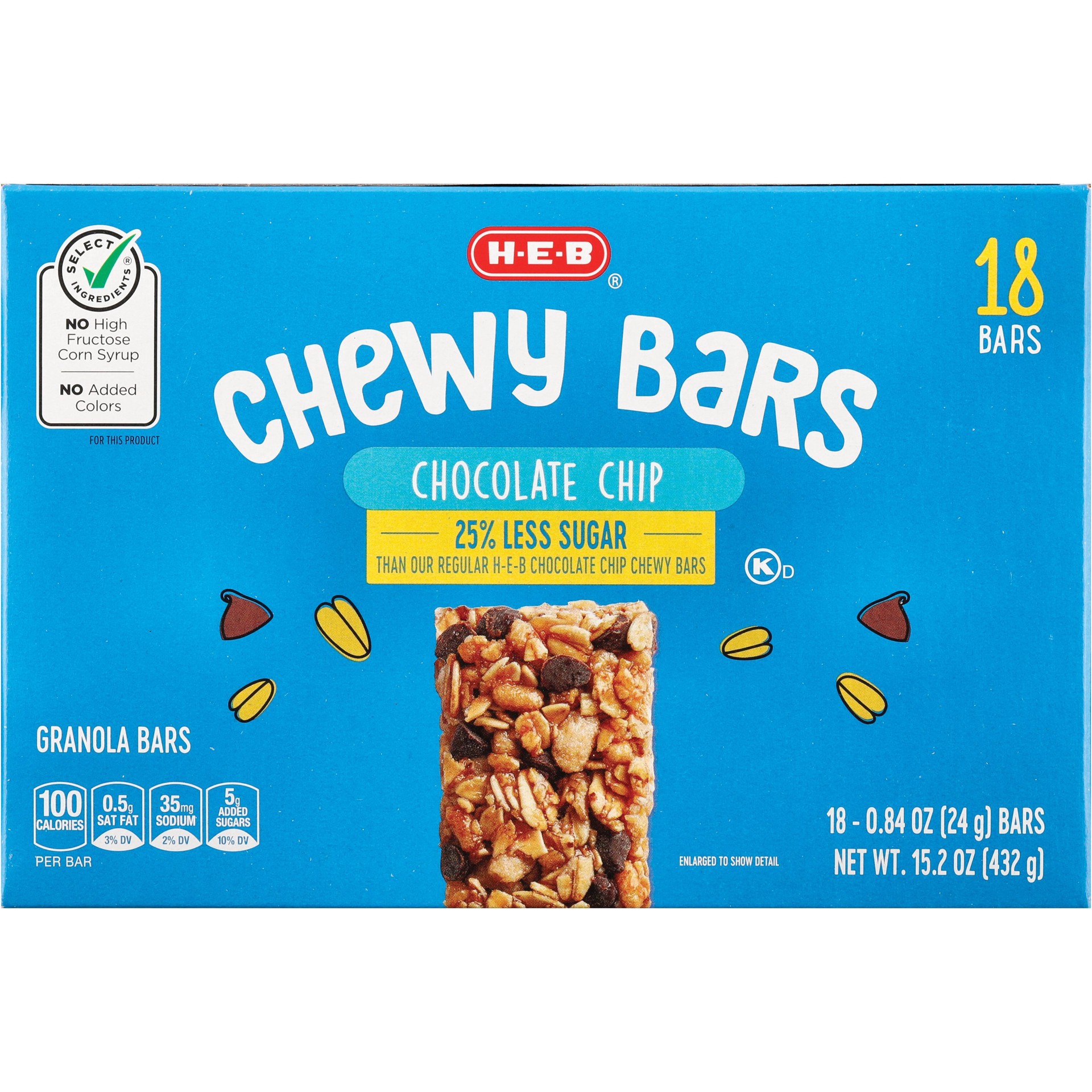 slide 1 of 1, H-E-B Chocolate Chip Chewy Bars - 25% Less Sugar, 18 ct