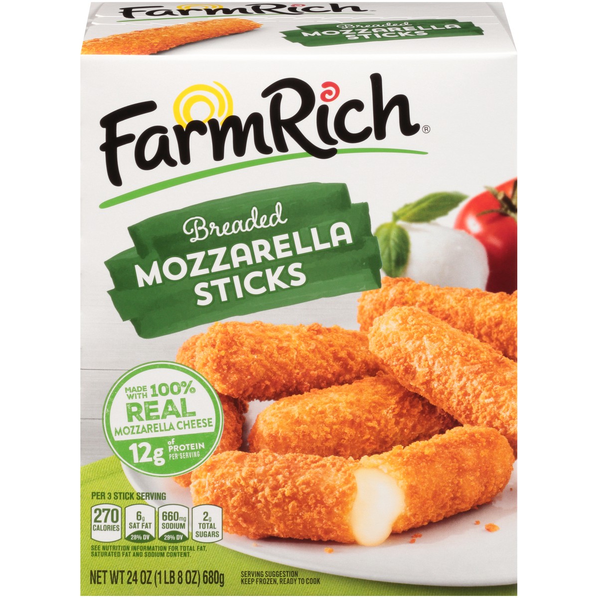 slide 1 of 9, Farm Rich Breaded Mozzarella Sticks 24 oz. Box, 24 oz