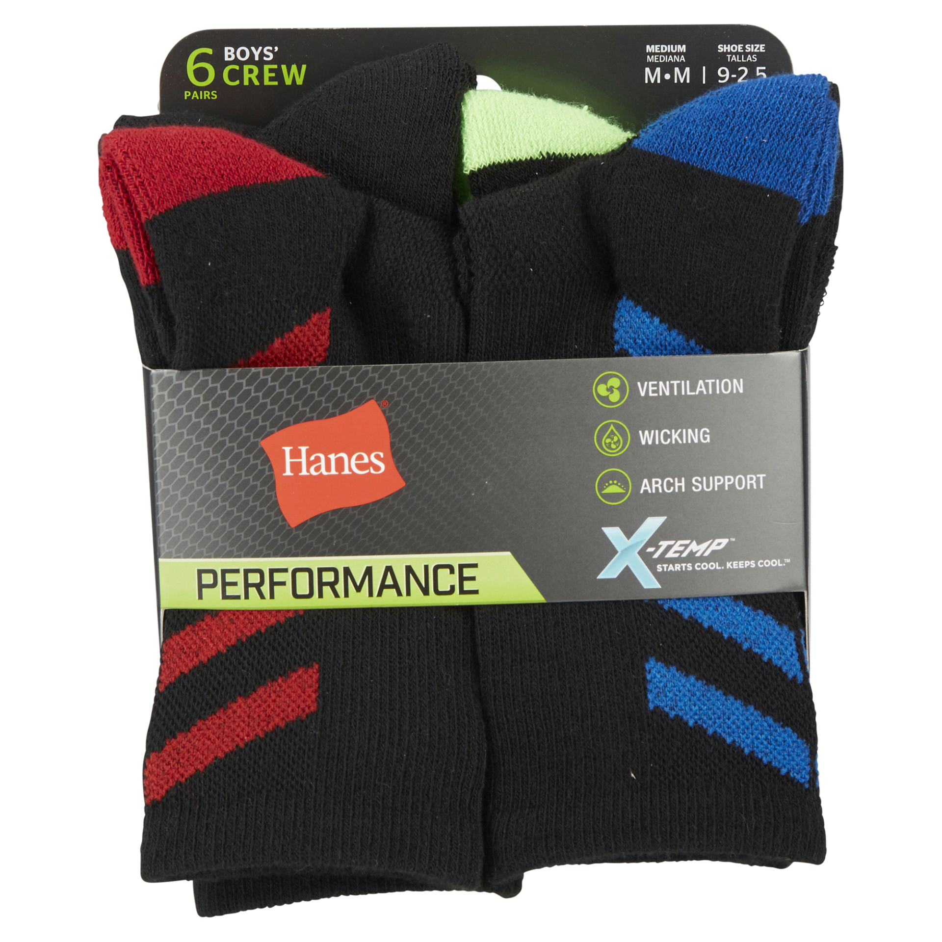 slide 1 of 1, Hanes Boys' X-Temp Crew Socks, Black, Size Medium, 6 ct