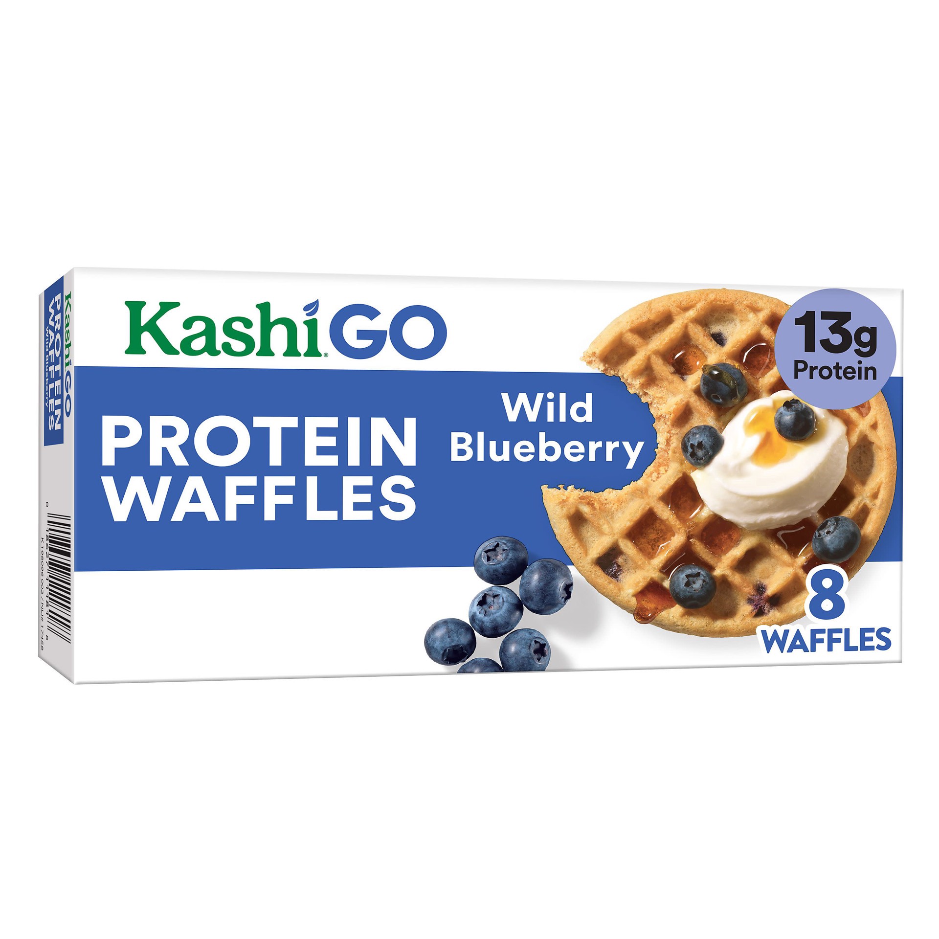 slide 1 of 5, Kashi GO Frozen Protein Waffles, Whole Grain Waffles, Frozen Breakfast, Wild Blueberry, 10.7oz Box, 8 Waffles, 10.7 oz