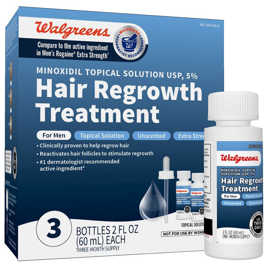 slide 2 of 5, Walgreens Minoxidil Topical Solution 5 Percent, Hair Regrowth Treatment, Extra Strength, 2 fl oz x 3 ct