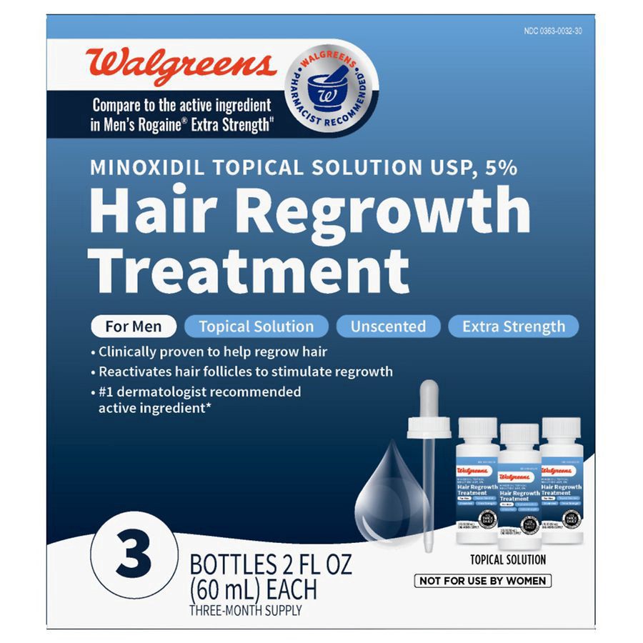 slide 1 of 5, Walgreens Minoxidil Topical Solution 5 Percent, Hair Regrowth Treatment, Extra Strength, 2 fl oz x 3 ct