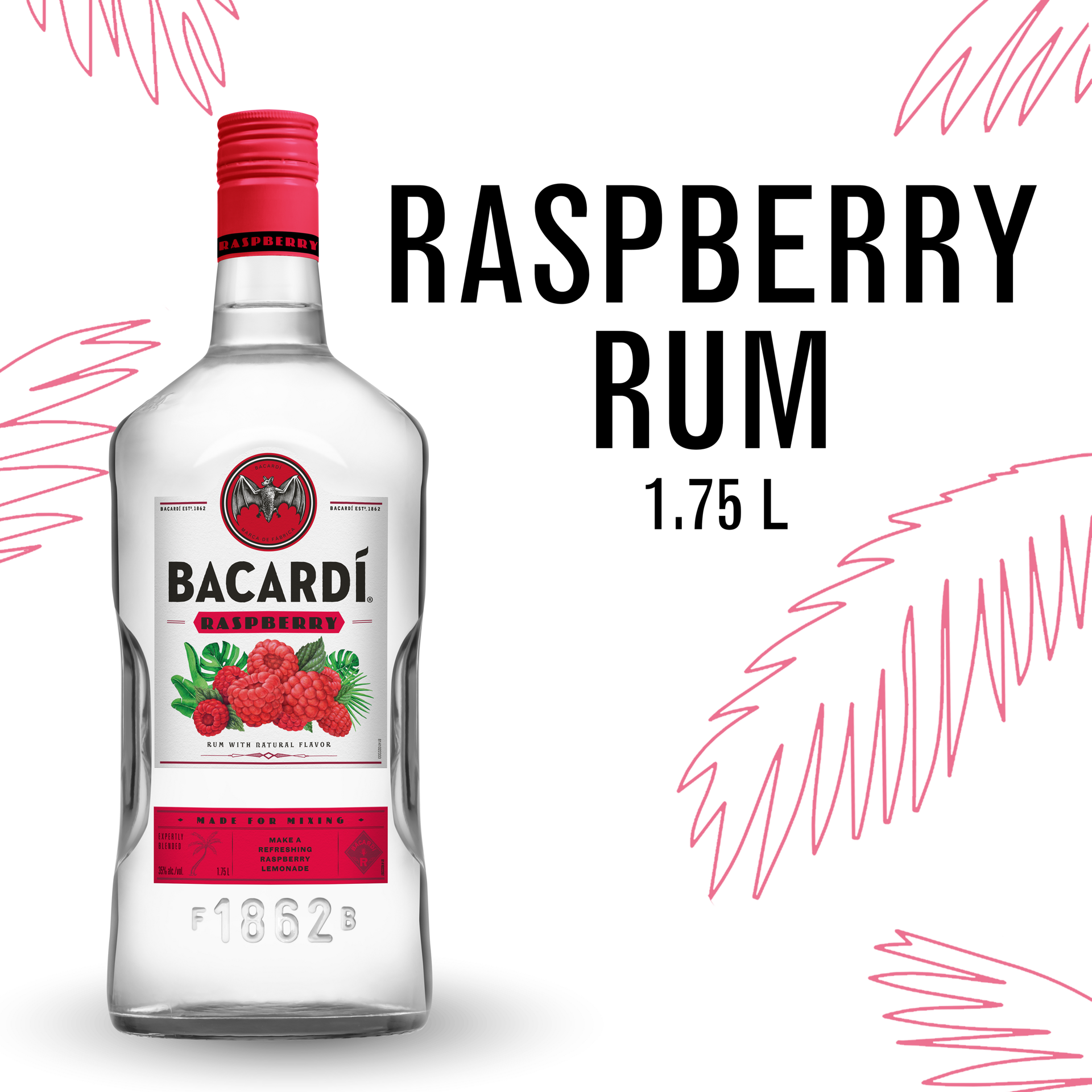 slide 1 of 2, Bacardí Bacardi Raspberry Rum, Gluten Free 35% 175Cl/1.75L, 1.75 liter