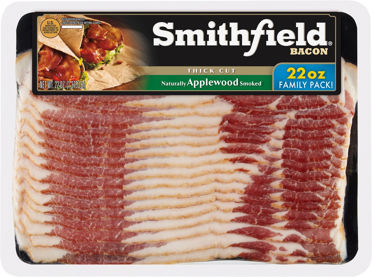 slide 2 of 3, Smithfield Thick Cut Applewood Smoked Bacon Family Pack, 22 oz, 22 oz