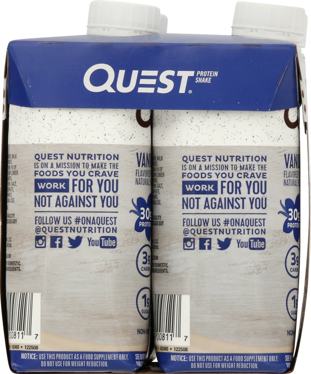 slide 6 of 9, Quest Vanilla Protein Shake 4 - 11 fl oz Shakes, 44 fl oz