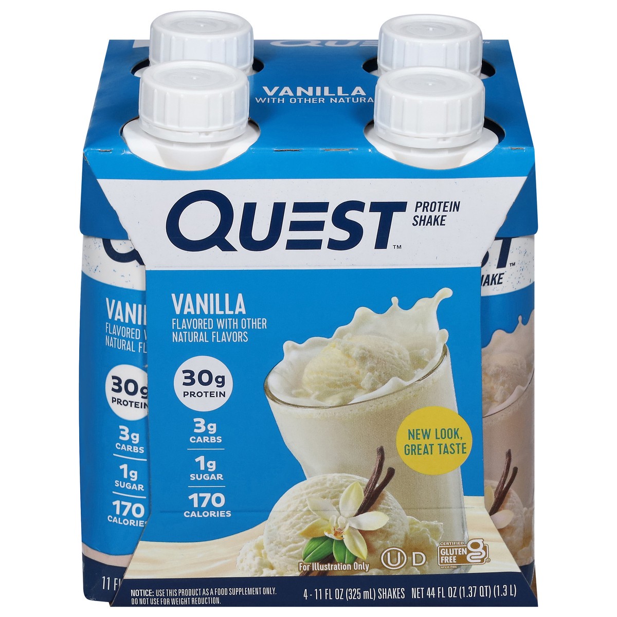 slide 1 of 9, Quest Vanilla Protein Shake 4 - 11 fl oz Shakes, 44 fl oz