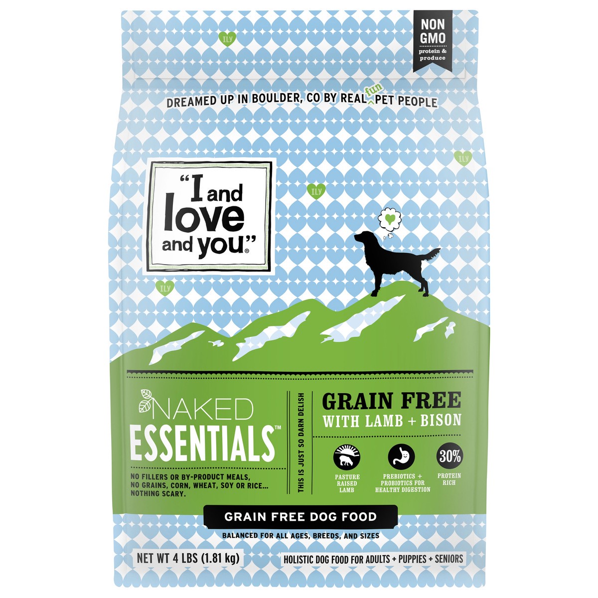slide 1 of 29, I and Love and You Naked Essentials Grain Free With Lamb + Bison Dog Food 4 lb, 4 lb