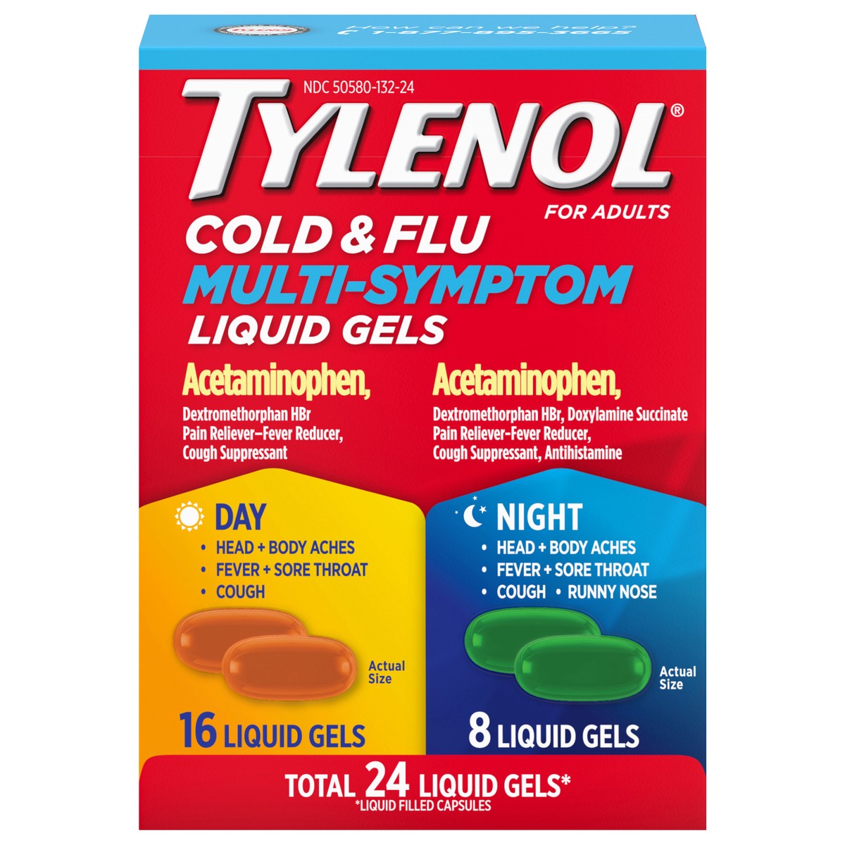 slide 1 of 7, Tylenol Multi Symptom Cold Flu Day Night, 24 ct