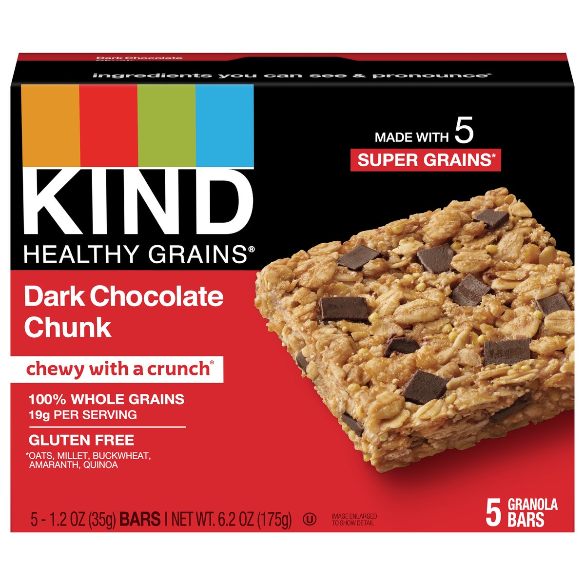 slide 1 of 8, KIND HEALTHY GRAINS Dark Chocolate Chunk Bars, Gluten Free Bars, 1.2 OZ Bars (5 Count), 5 ct