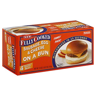 slide 1 of 1, H-E-B Fully Cooked Sausage, Egg & Cheese On a Bun, Family Pack!, 18 oz