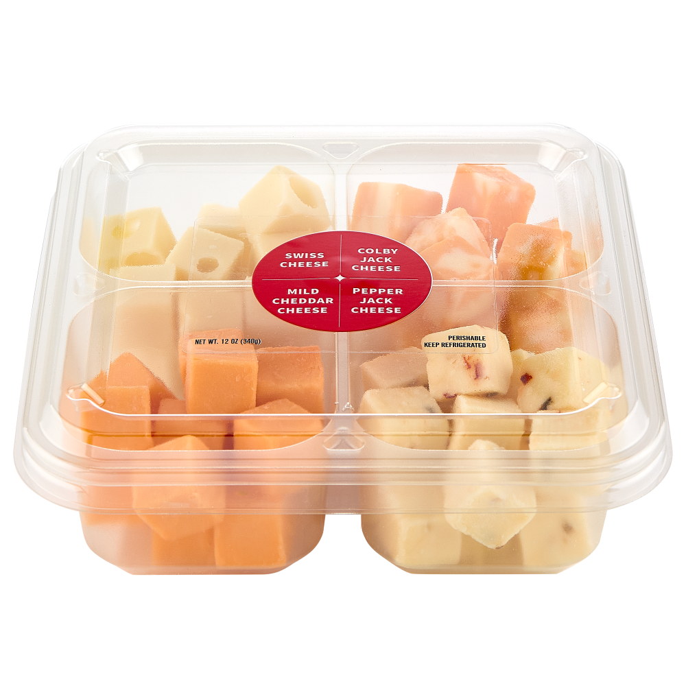 slide 3 of 6, Upper Cut Assorted Colby Jack Pepper Jack Swiss and Mild Cheddar Cheese Cube Tray, 12 oz