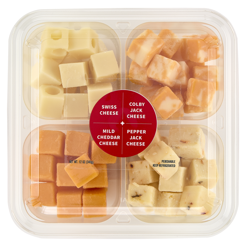 slide 1 of 6, Upper Cut Assorted Colby Jack Pepper Jack Swiss and Mild Cheddar Cheese Cube Tray, 12 oz