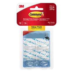 Command Mini Clear Adhesive Storage/Utility Hooks, 0.5 lb Capacity