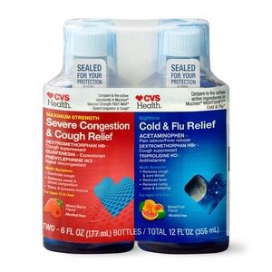 slide 1 of 1, CVS Health Day + Nighttime Maximum Strength Severe Congestion, Cough, Cold & Flu Relief Liquid Combo Pack, 2 6 Oz Bottles, 1 ct