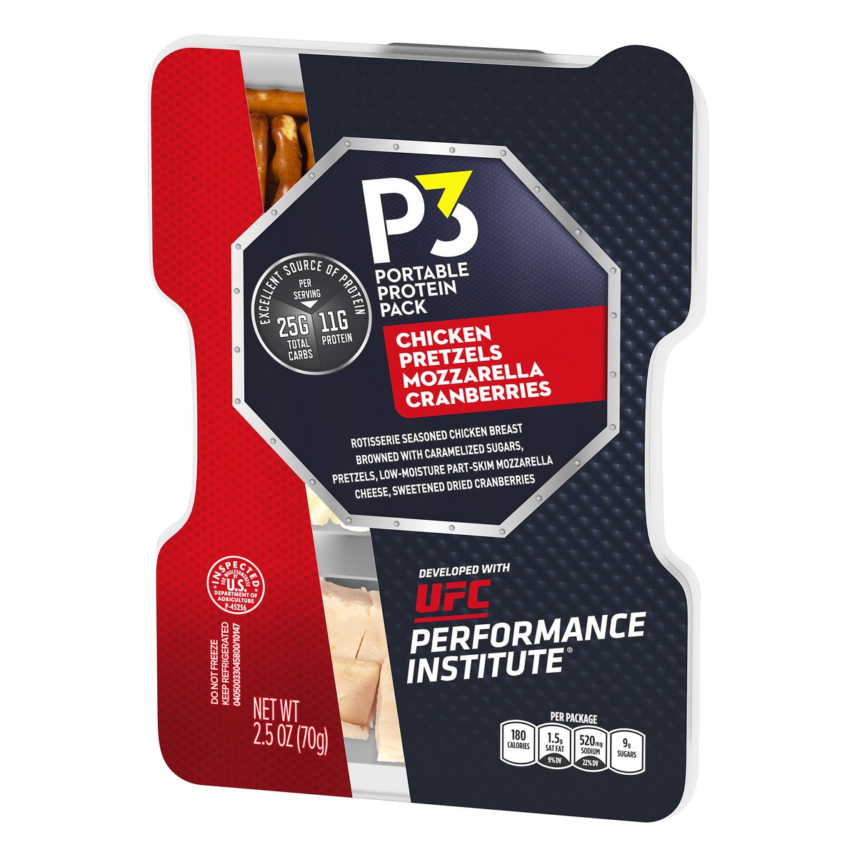 slide 3 of 10, P3 Portable Protein Pack Developed With UFC Performance Institute Rotisserie Seasoned Chicken, Pretzels, Mozzarella Cheese, and Dried Cranberries 2.5 oz Tray, 2.5 oz