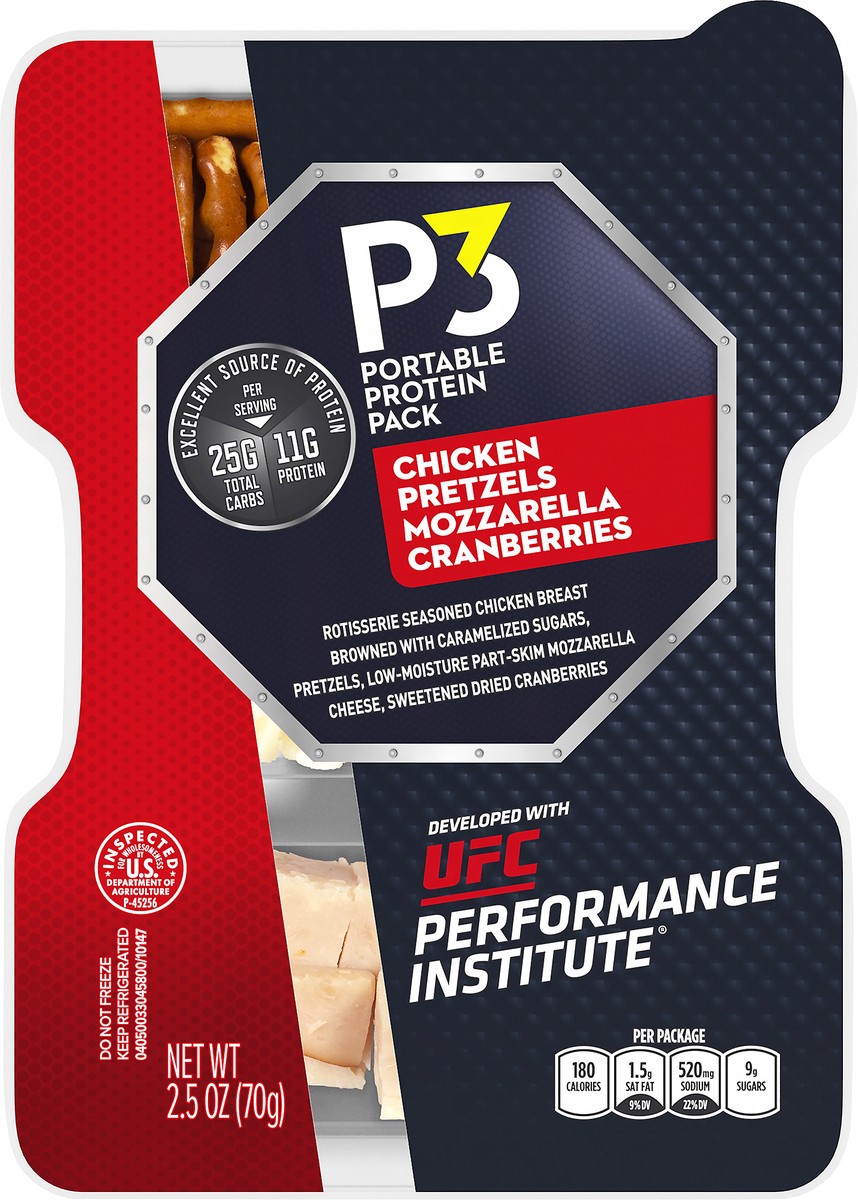 slide 9 of 10, P3 Portable Protein Pack Developed With UFC Performance Institute Rotisserie Seasoned Chicken, Pretzels, Mozzarella Cheese, and Dried Cranberries 2.5 oz Tray, 2.5 oz