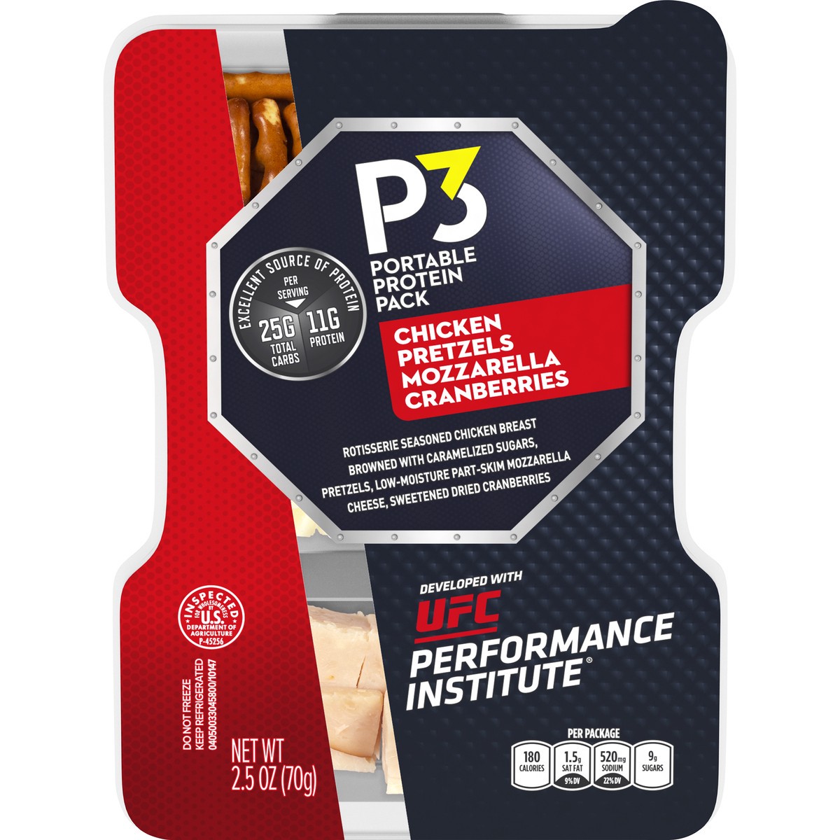 slide 1 of 10, P3 Portable Protein Pack Developed With UFC Performance Institute Rotisserie Seasoned Chicken, Pretzels, Mozzarella Cheese, and Dried Cranberries 2.5 oz Tray, 2.5 oz