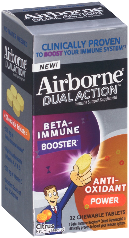 slide 1 of 1, Airborne Dual Action Beta Immune Booster & Anti-Oxidant Immune Support Supplement, Citrus Chewable Tablets, 32 ct