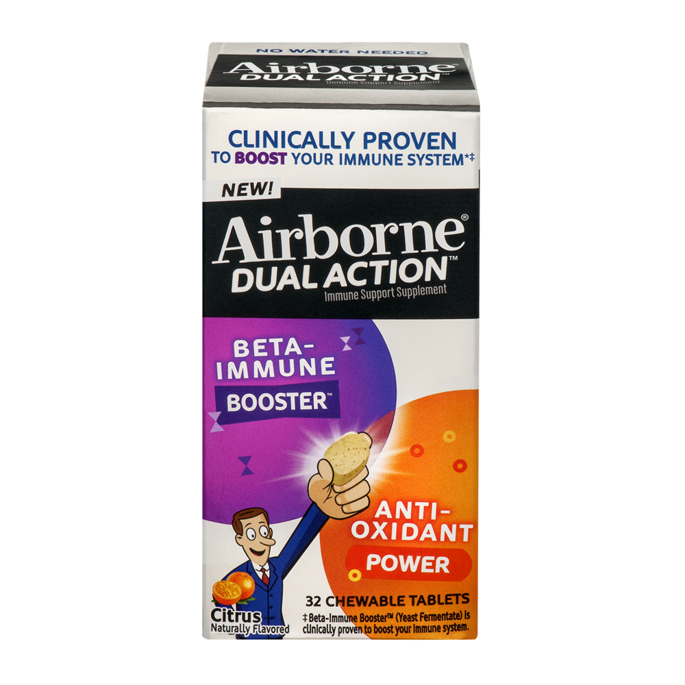 slide 1 of 1, Airborne Dual Action Beta Immune Booster & Anti-Oxidant Immune Support Supplement, Citrus Chewable Tablets, 32 ct