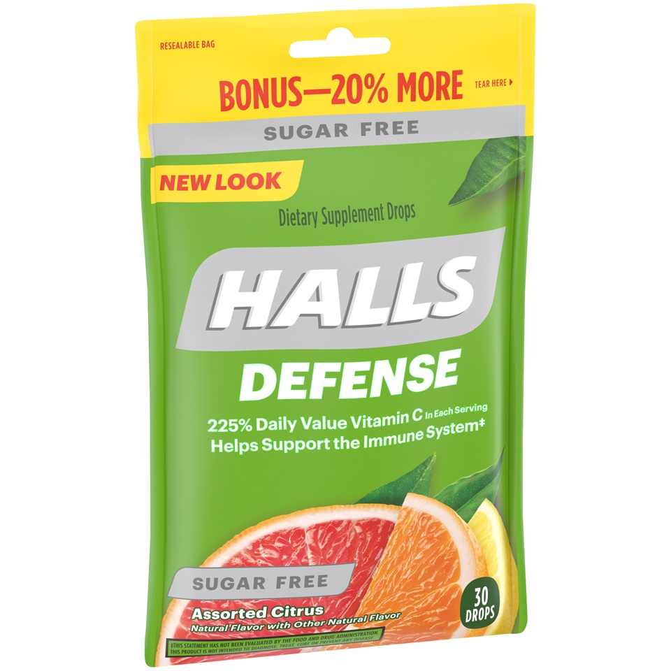 slide 3 of 7, Halls Defense Vitamin C Drops Assorted Citrus Sugar Free, 30 ct