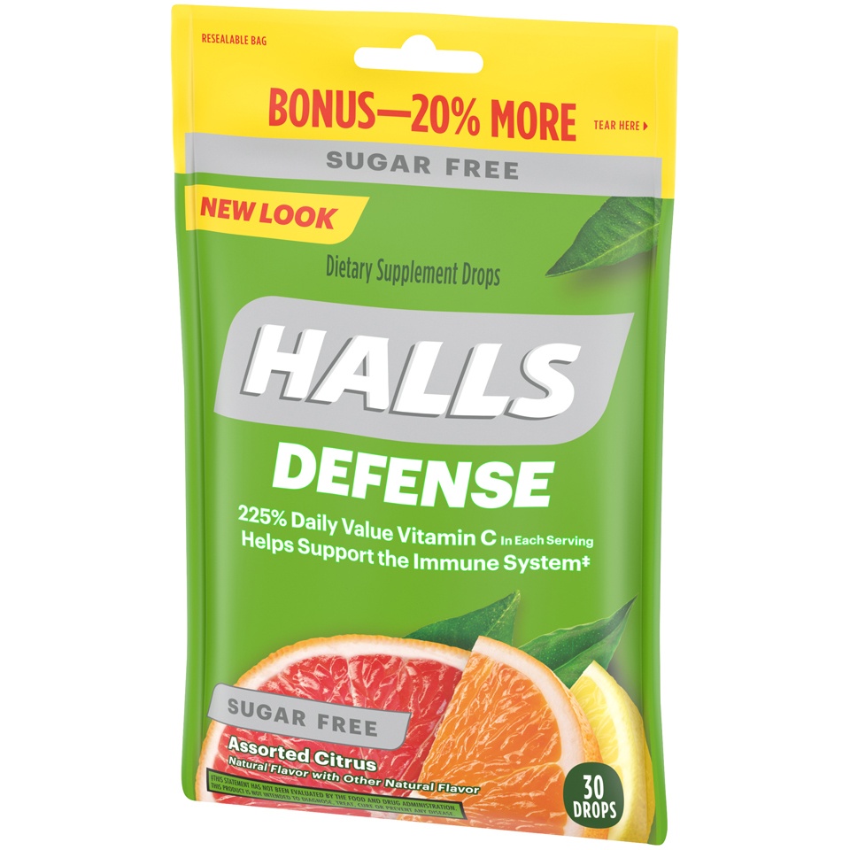 slide 4 of 7, Halls Defense Vitamin C Drops Assorted Citrus Sugar Free, 30 ct