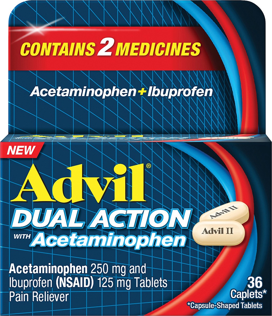 slide 1 of 6, Advil Caplets Dual Action Acetaminophen + Ibuprofen 36 ea, 36 ct