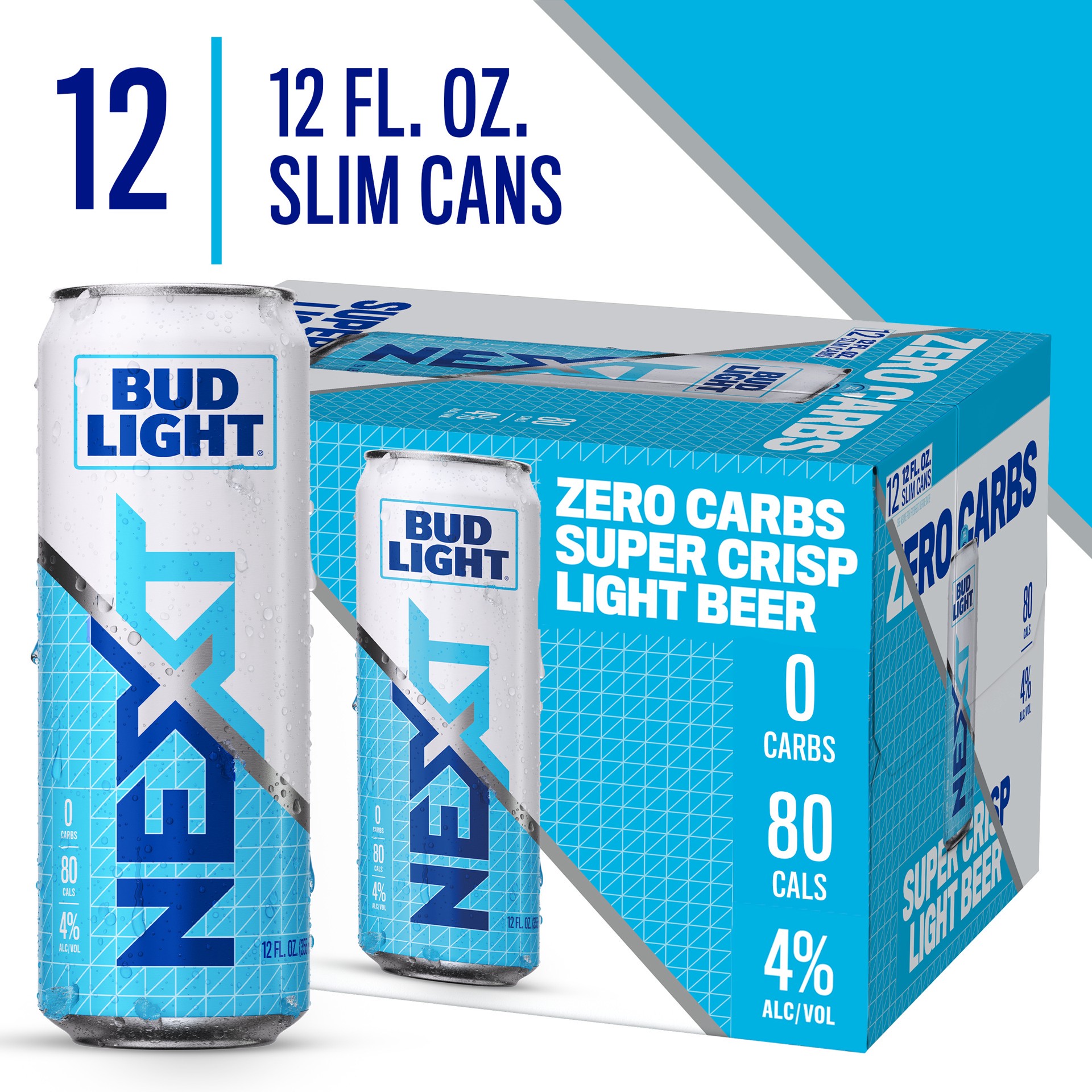 slide 8 of 10, Bud Light Next Super Crisp Zero Carbs Light Beer 12 - 12 fl oz Slim Cans, 12 ct; 12 fl oz