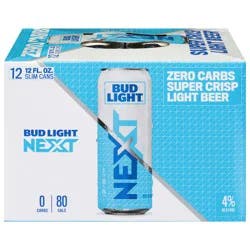 Bud Light Next Super Crisp Zero Carbs Light Beer 12 Pack 12 fl oz Slim Cans