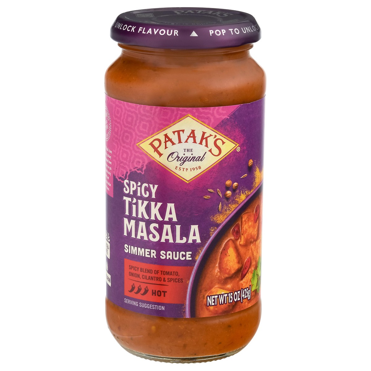 slide 1 of 12, Patak's Hot Spicy Tikka Masala Simmer Sauce 15 oz, 15 oz
