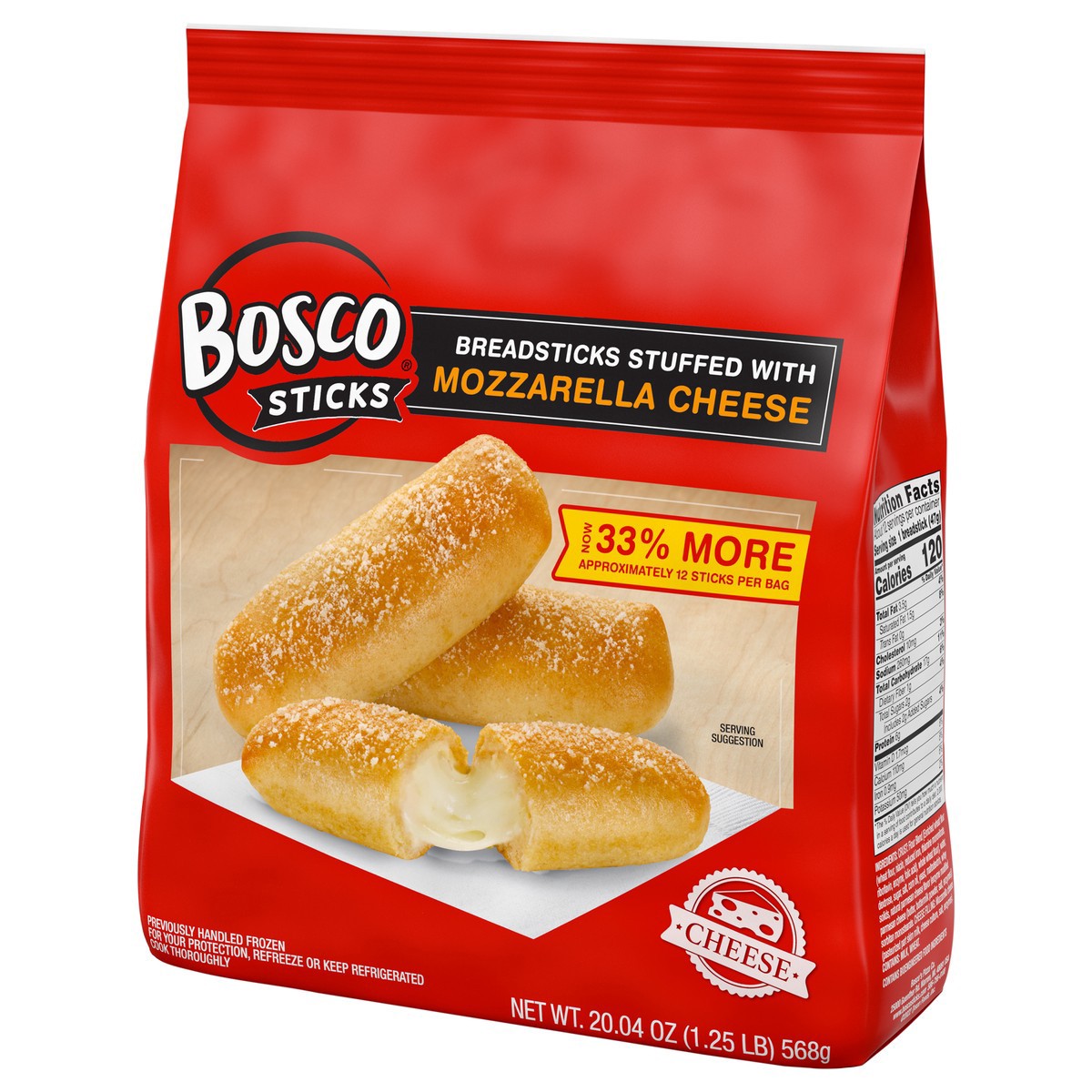 slide 2 of 5, BOSCOS PIZZA Bosco Mozzarella Cheese Stuffed Breadsticks, 20.04 oz (Frozen), 568.12 g