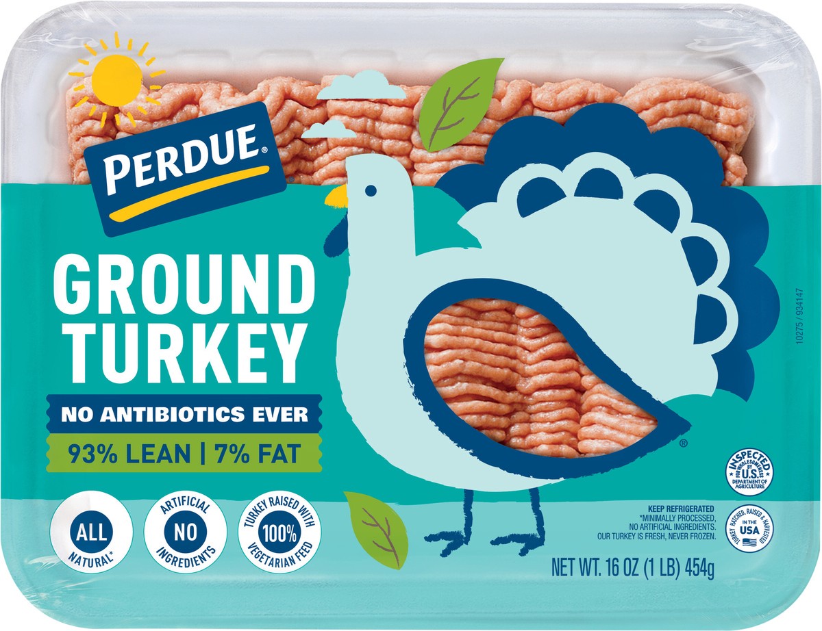 slide 3 of 3, PERDUE No Antibiotics Ever Ground Turkey, 93% Lean 7% Fat, 1 lb. Tray, 16 oz