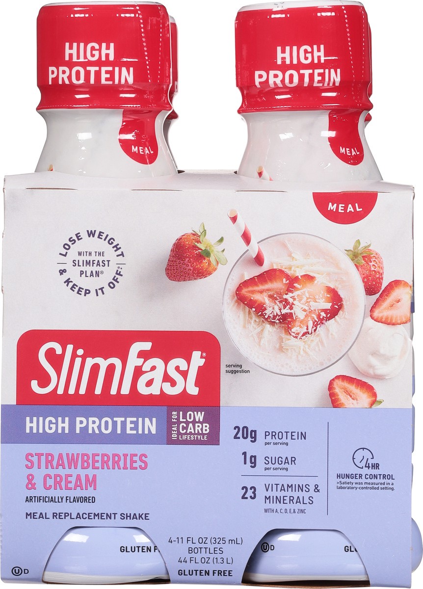 slide 7 of 11, SlimFast High Protein Strawberries & Cream Meal Replacement Shake 4 - 11 fl oz Bottles, 4 ct