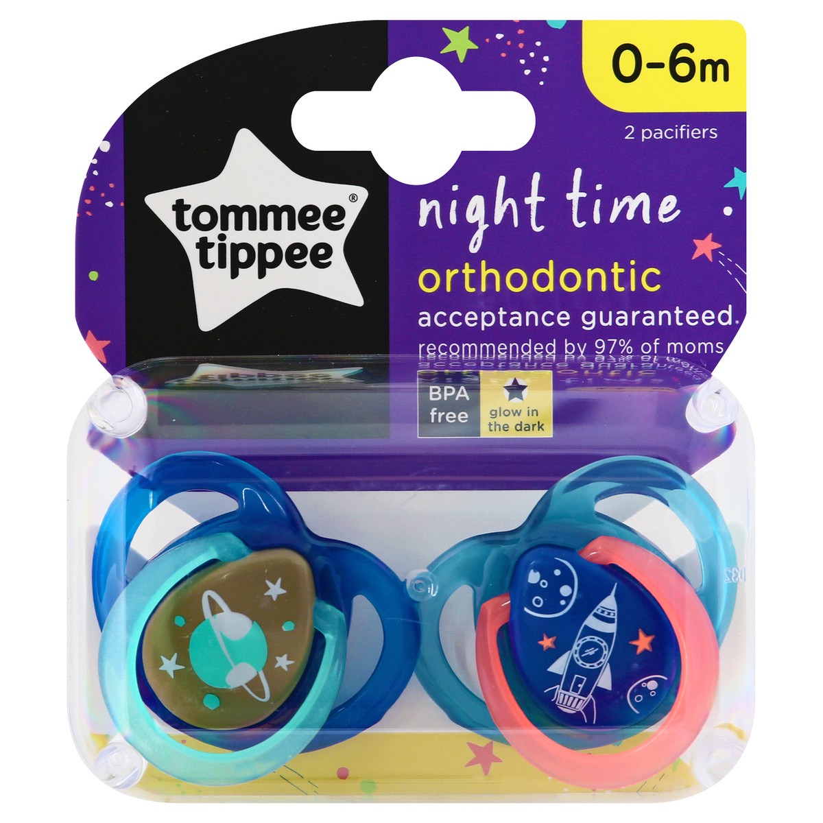 slide 1 of 9, Tommee Tippee 0-6m Night Time Orthodontic Pacifier 2 ea, 2 ct