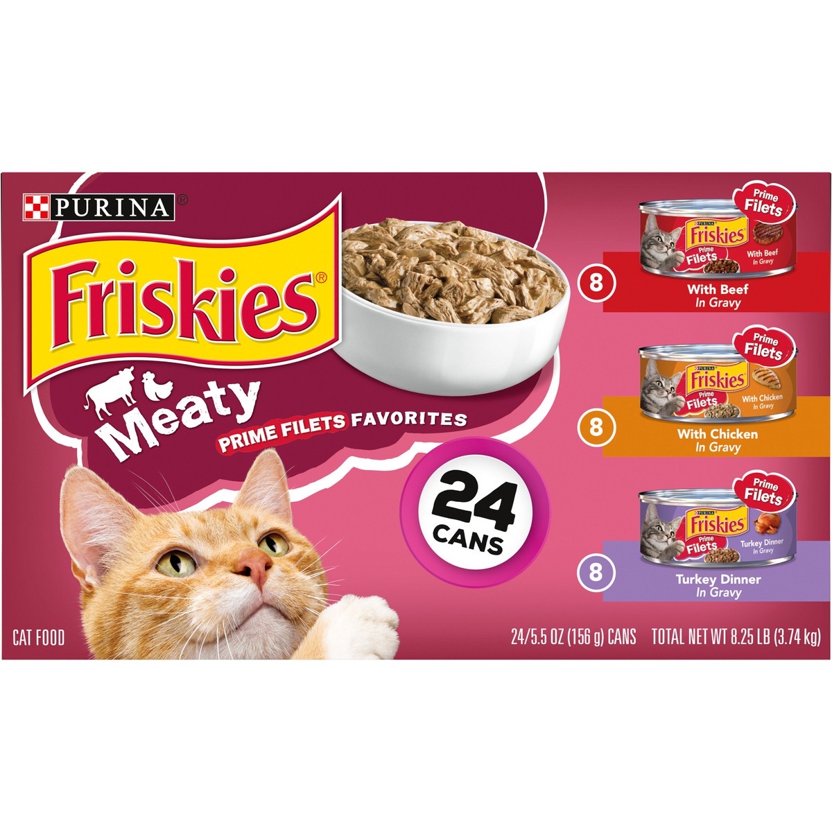 slide 8 of 9, Friskies Purina Friskies Gravy Wet Cat Food Variety Pack, Prime Filets Meaty Favorites, 24 ct