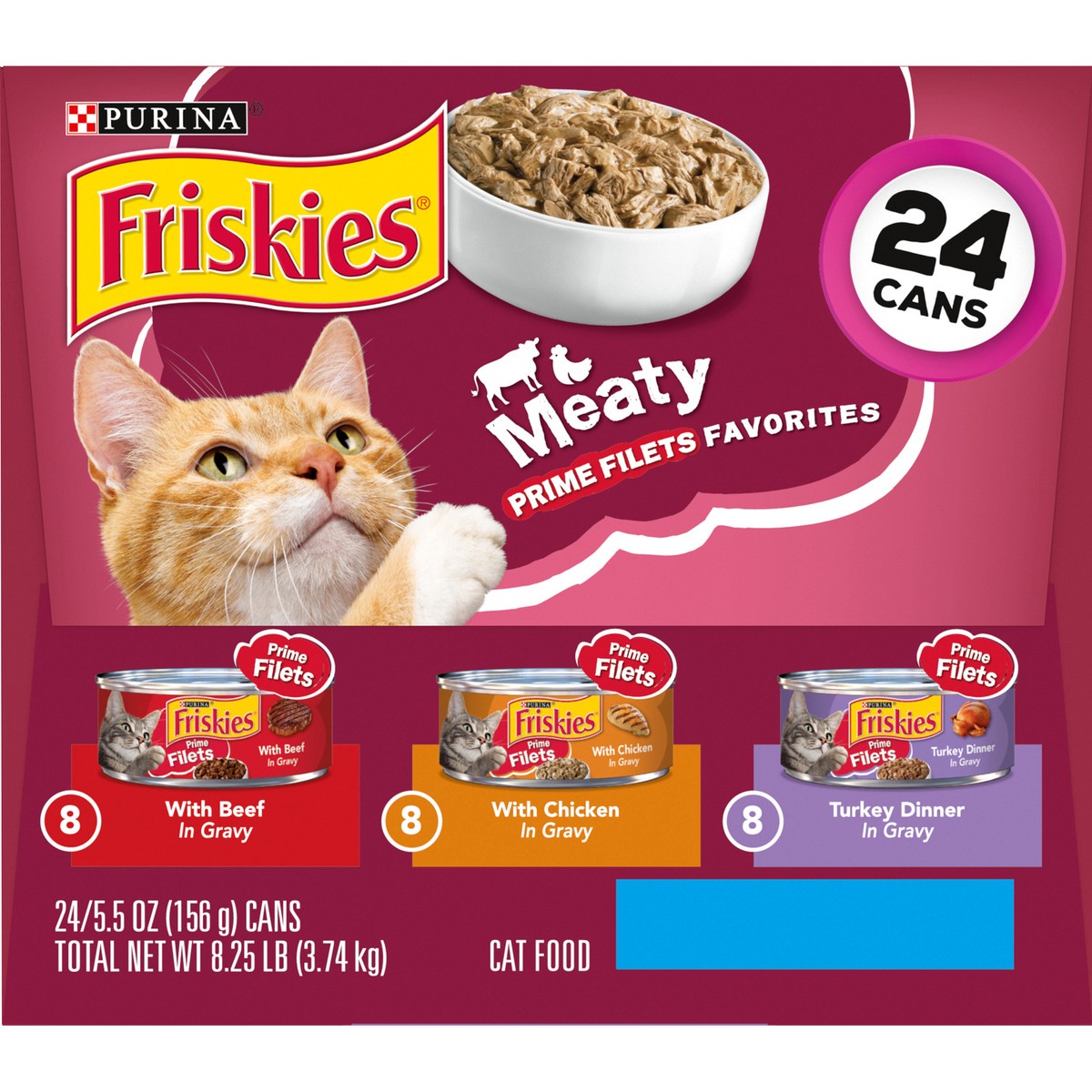 slide 3 of 9, Friskies Purina Friskies Gravy Wet Cat Food Variety Pack, Prime Filets Meaty Favorites, 24 ct