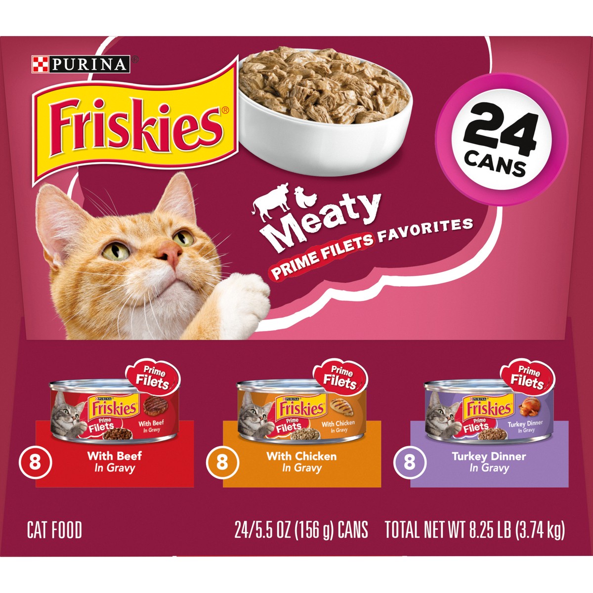 slide 9 of 9, Friskies Purina Friskies Gravy Wet Cat Food Variety Pack, Prime Filets Meaty Favorites, 24 ct