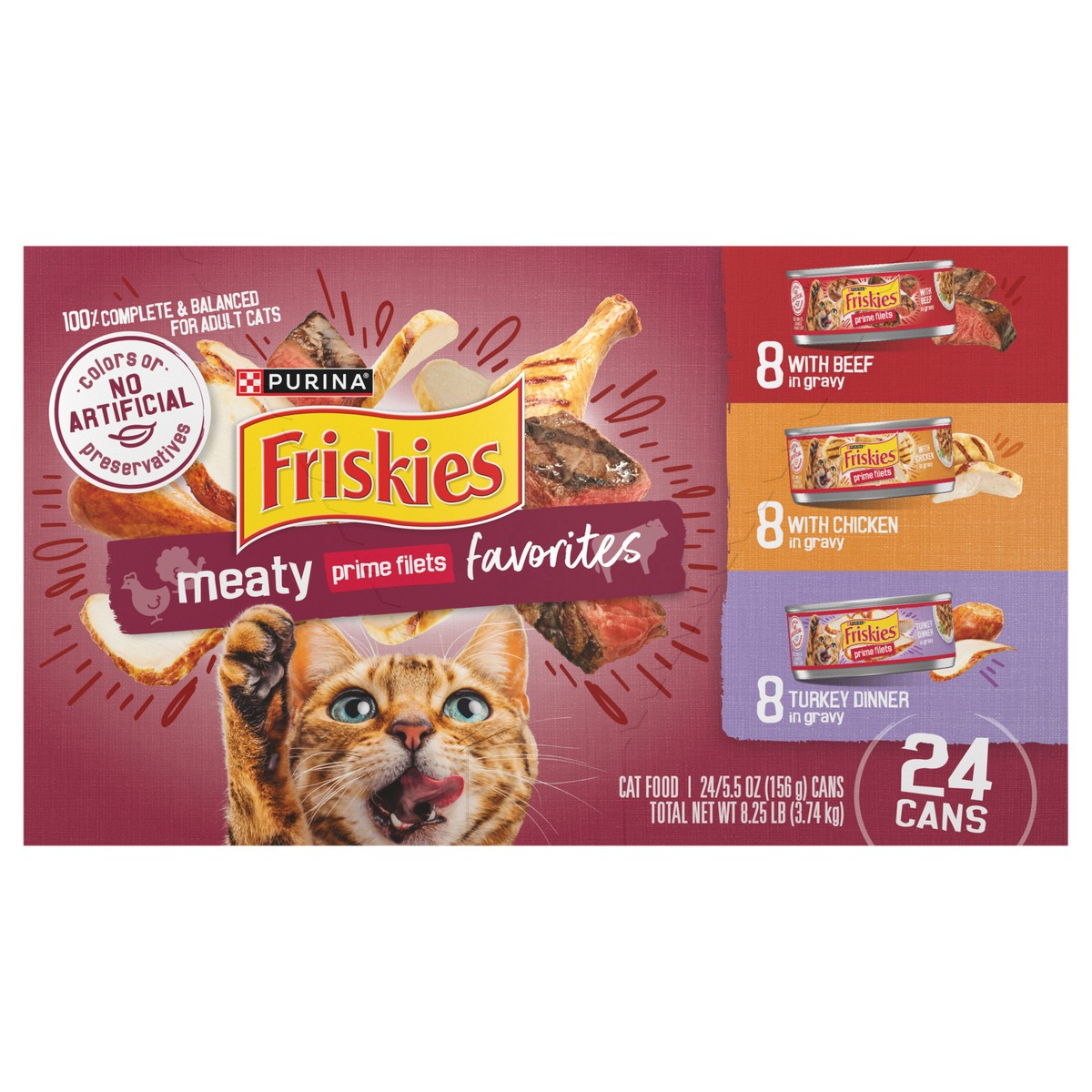 slide 1 of 9, Friskies Purina Friskies Gravy Wet Cat Food Variety Pack, Prime Filets Meaty Favorites - (24) 5.5 oz. Cans, 24 ct