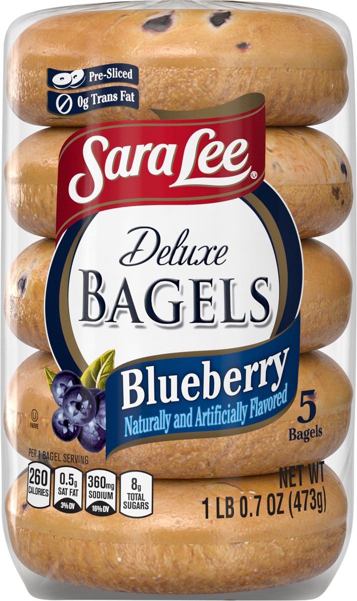 slide 11 of 12, Sara Lee Deluxe Blueberry Bagels, 5 count, Pre-sliced Bagels, 16.7 oz Bag, 16.7 oz